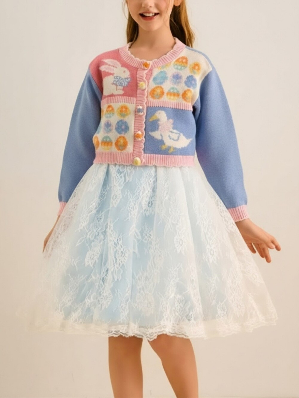 Vintage Easter Bunny & Duck Knit Cardigan for Kids - Pastel Pink & Blue